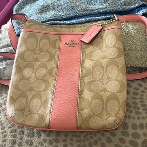 Pink and tan coach shoulder bag